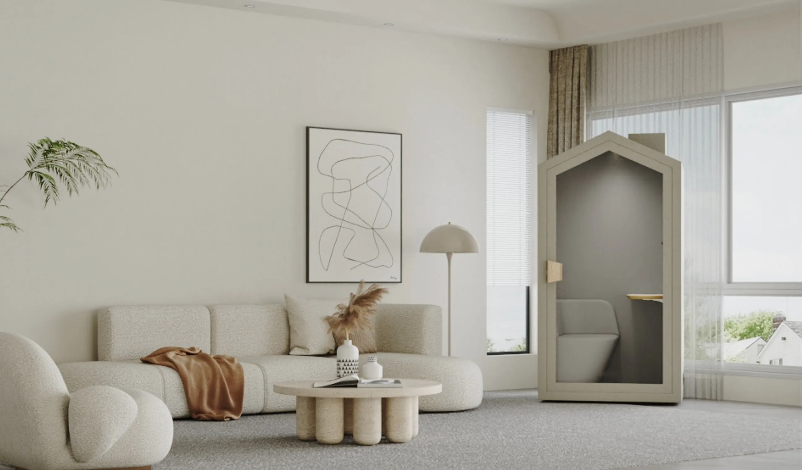 A ZOUND Life Series pod standing in a calm, cream-toned living room
