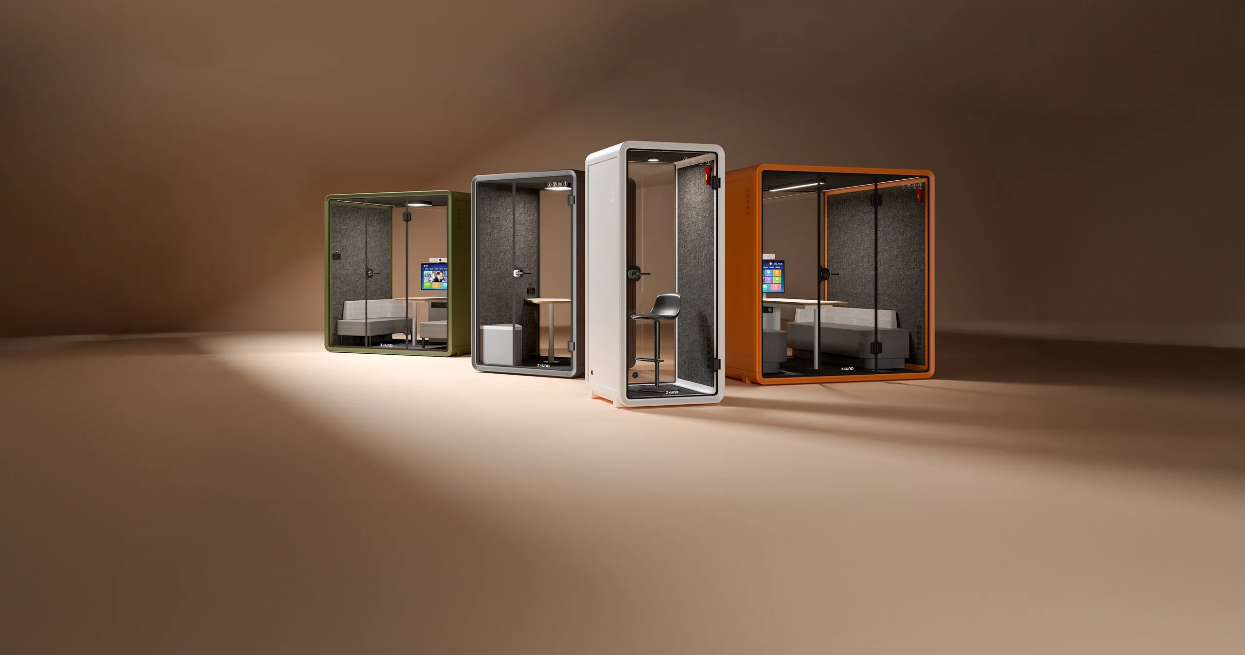 Four ZOUND SR Series pods — olive, charcoal, white and orange — lit in a warm gallery space